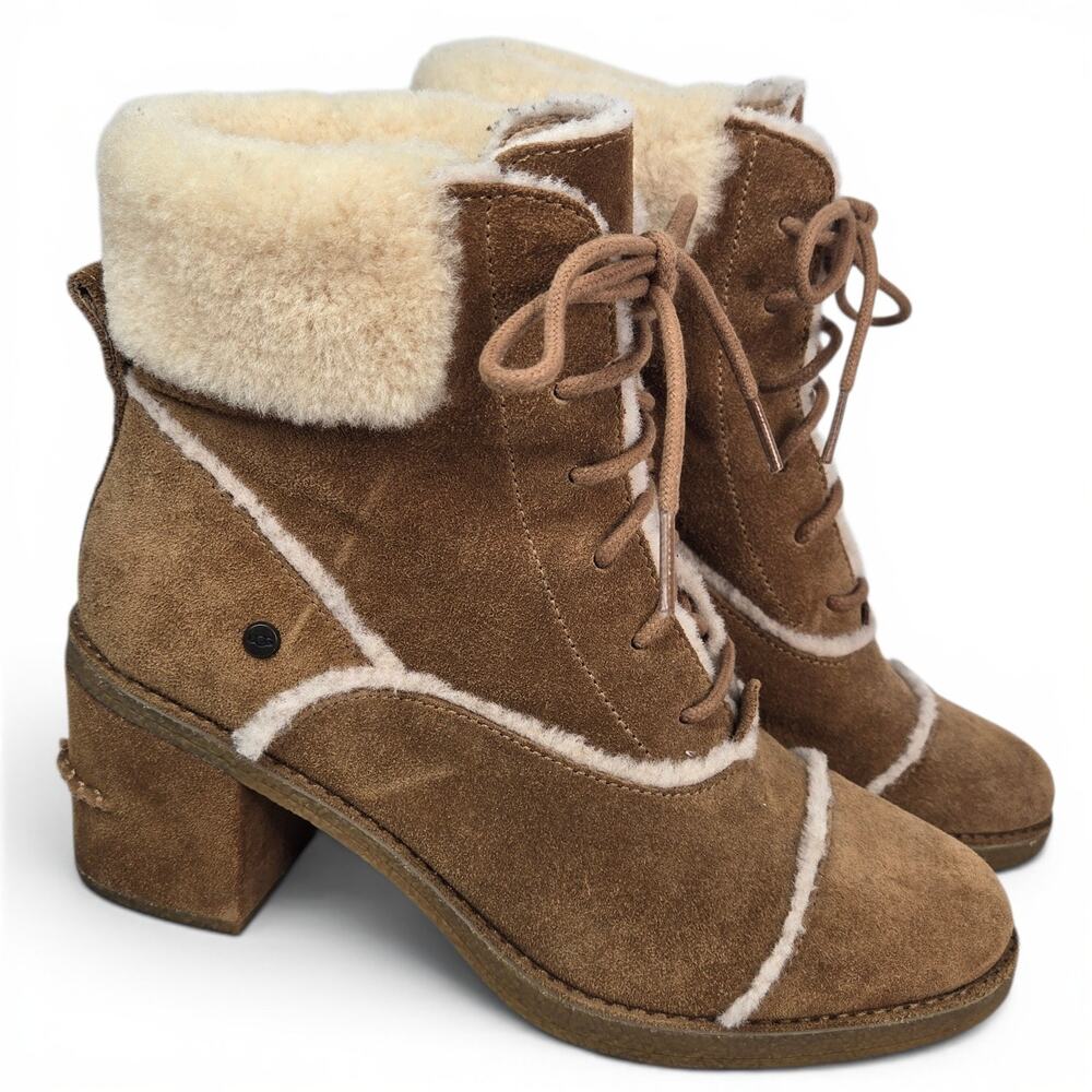 UGG Esterly Heeled Ankle Boots Tan Chestnut Suede Sheepskin Size 9 Lace Up